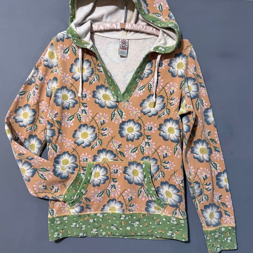 VTG Lucky Hooded Pullover Sweatshirt Orange Green Kangaroo Pocket Medium Cotton